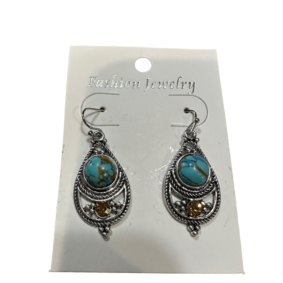 Boho Turquoise and Gemstone Silver Teardrop Earrings - Picture 3 of 5